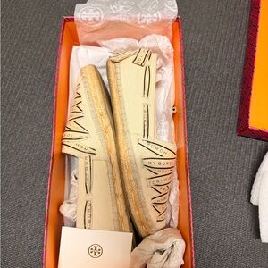 Tory Burch Cream Espadrilles with Logo Pattern